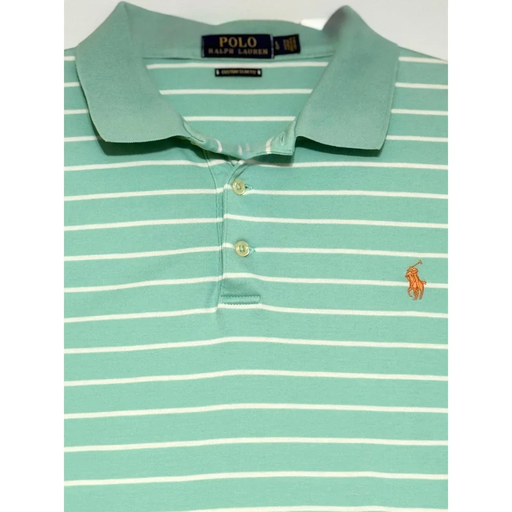 Polo Ralph Lauren Mens L Soft Slim Fit Stripe Polo Shirt Seafoam Green Excellent